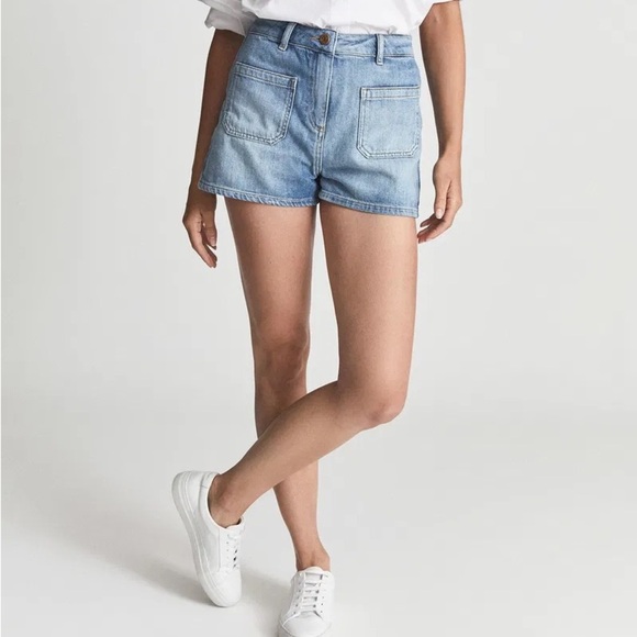 Reiss Lois Mid Rise Denim Shorts Front Pocket Light Wash Jean Women’s Size 10 - Picture 2 of 6
